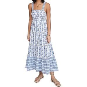 Playa Lucila Boho Block Print Tiered Maxi Dress Blue White Cotton Size XS‎